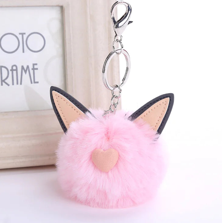 Fuzzy Pom Pom Keychain with Cat Ear Bag Charm